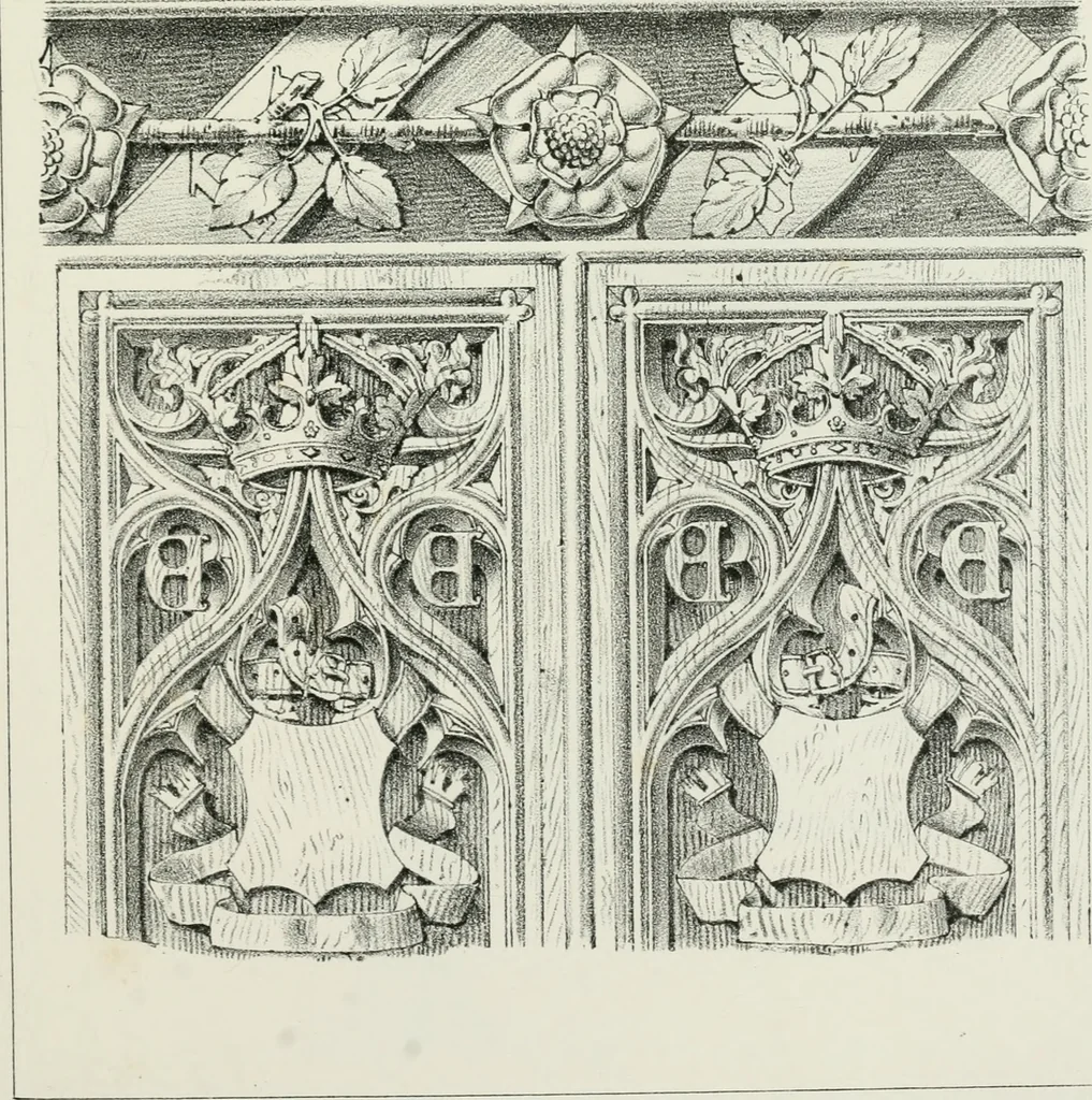 An illustration from Designs for Gothic ornaments & furniture, after the ancient manner, for ecclesiastical and domestic purposes, for the use of architects, and workers in metal, stone, wood, etc., etc, 1854, leaf 38
