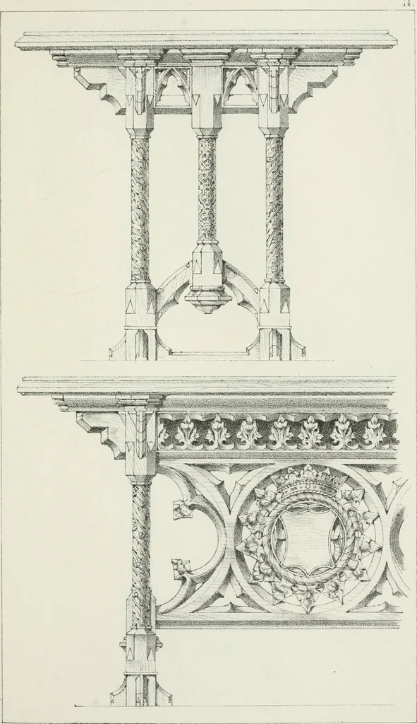 An illustration from Designs for Gothic ornaments & furniture, after the ancient manner, for ecclesiastical and domestic purposes, for the use of architects, and workers in metal, stone, wood, etc., etc, 1854, leaf 40