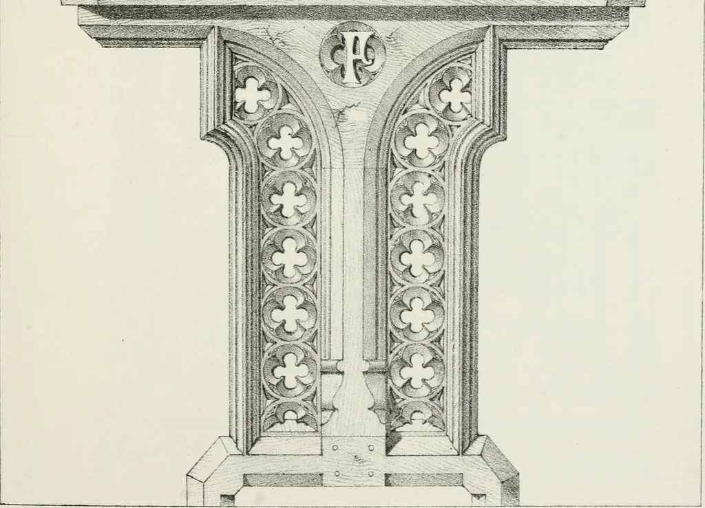 An illustration from Designs for Gothic ornaments & furniture, after the ancient manner, for ecclesiastical and domestic purposes, for the use of architects, and workers in metal, stone, wood, etc., etc, 1854, leaf 42