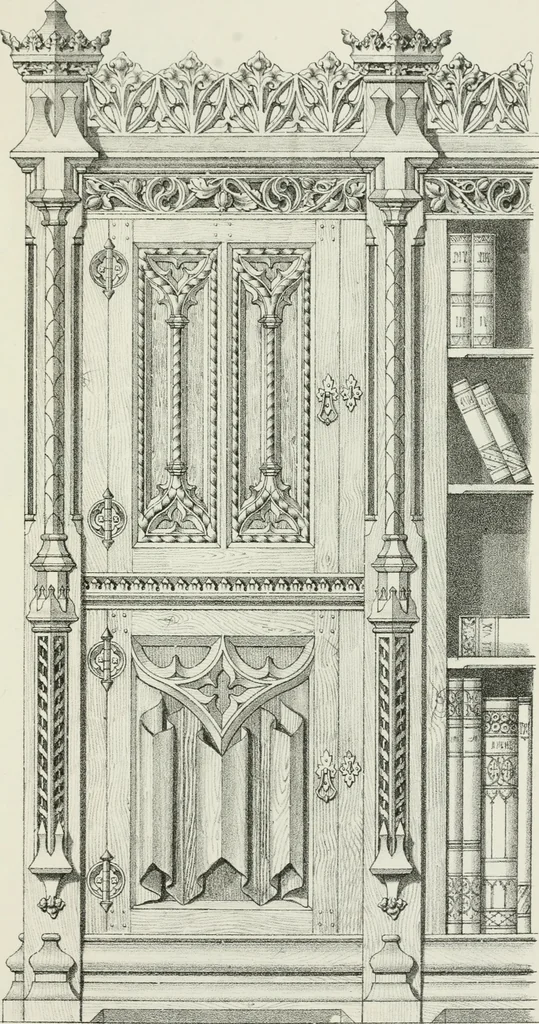 An illustration from Designs for Gothic ornaments & furniture, after the ancient manner, for ecclesiastical and domestic purposes, for the use of architects, and workers in metal, stone, wood, etc., etc, 1854, leaf 44