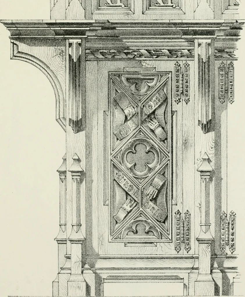 An illustration from Designs for Gothic ornaments & furniture, after the ancient manner, for ecclesiastical and domestic purposes, for the use of architects, and workers in metal, stone, wood, etc., etc, 1854, leaf 46