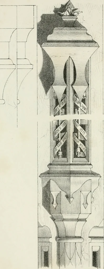 An illustration from Designs for Gothic ornaments & furniture, after the ancient manner, for ecclesiastical and domestic purposes, for the use of architects, and workers in metal, stone, wood, etc., etc, 1854, leaf 48