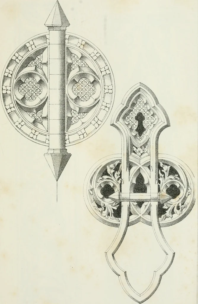 An illustration from Designs for Gothic ornaments & furniture, after the ancient manner, for ecclesiastical and domestic purposes, for the use of architects, and workers in metal, stone, wood, etc., etc, 1854, leaf 50