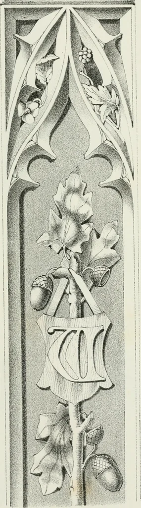 An illustration from Designs for Gothic ornaments & furniture, after the ancient manner, for ecclesiastical and domestic purposes, for the use of architects, and workers in metal, stone, wood, etc., etc, 1854, leaf 52