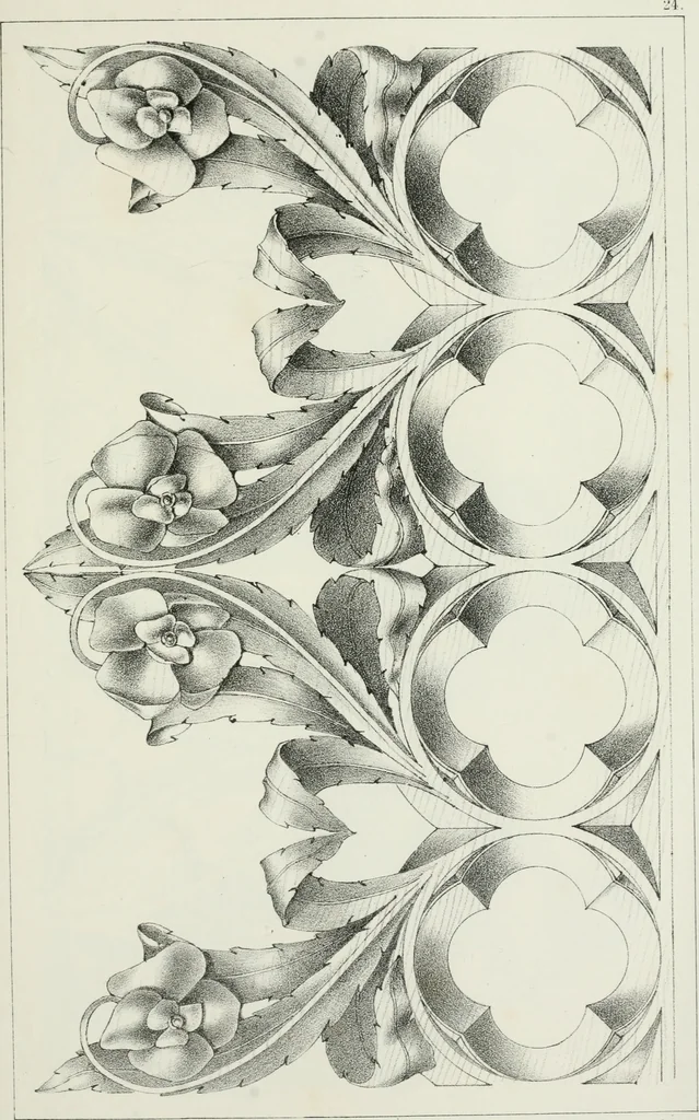 An illustration from Designs for Gothic ornaments & furniture, after the ancient manner, for ecclesiastical and domestic purposes, for the use of architects, and workers in metal, stone, wood, etc., etc, 1854, leaf 60