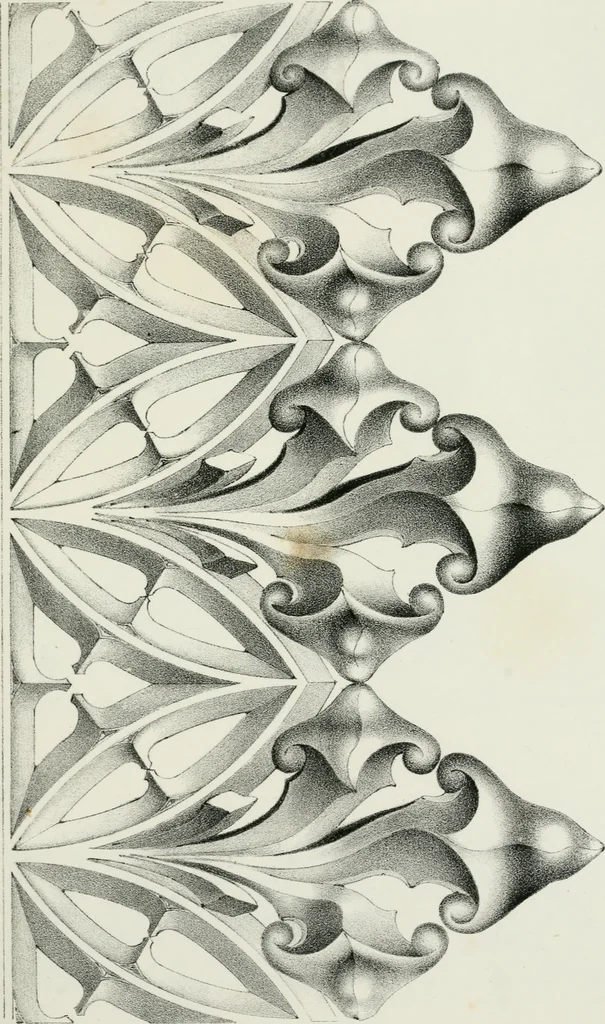 An illustration from Designs for Gothic ornaments & furniture, after the ancient manner, for ecclesiastical and domestic purposes, for the use of architects, and workers in metal, stone, wood, etc., etc, 1854, leaf 62
