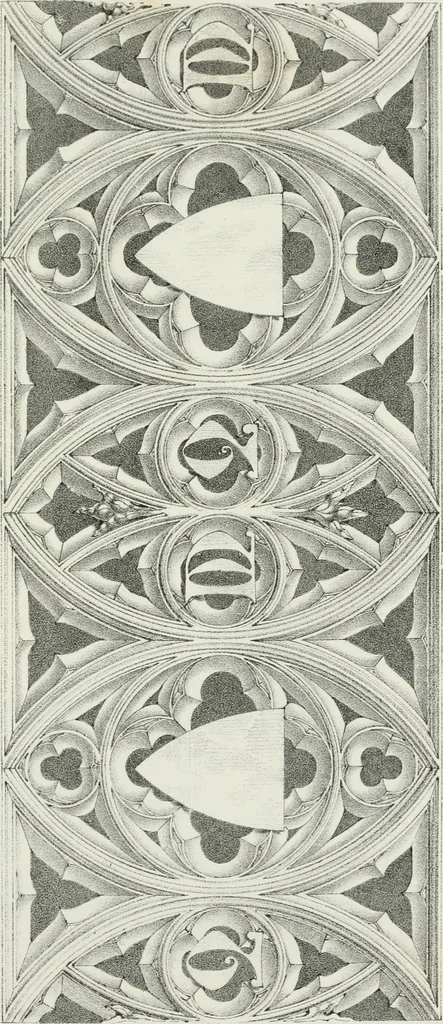 An illustration from Designs for Gothic ornaments & furniture, after the ancient manner, for ecclesiastical and domestic purposes, for the use of architects, and workers in metal, stone, wood, etc., etc, 1854, leaf 66