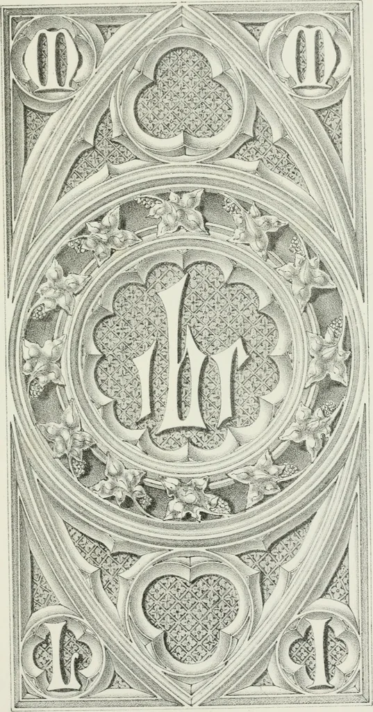 An illustration from Designs for Gothic ornaments & furniture, after the ancient manner, for ecclesiastical and domestic purposes, for the use of architects, and workers in metal, stone, wood, etc., etc, 1854, leaf 76