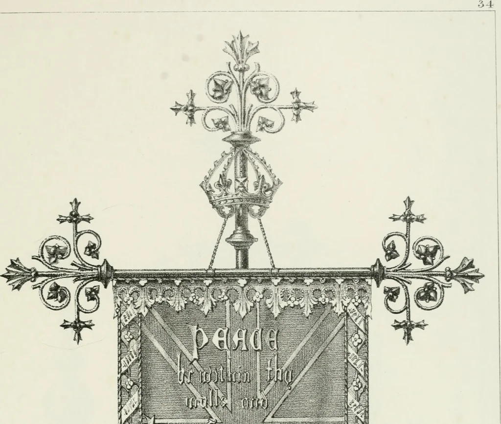 An illustration from Designs for Gothic ornaments & furniture, after the ancient manner, for ecclesiastical and domestic purposes, for the use of architects, and workers in metal, stone, wood, etc., etc, 1854, leaf 80