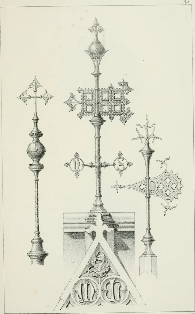 An illustration from Designs for Gothic ornaments & furniture, after the ancient manner, for ecclesiastical and domestic purposes, for the use of architects, and workers in metal, stone, wood, etc., etc, 1854, leaf 82