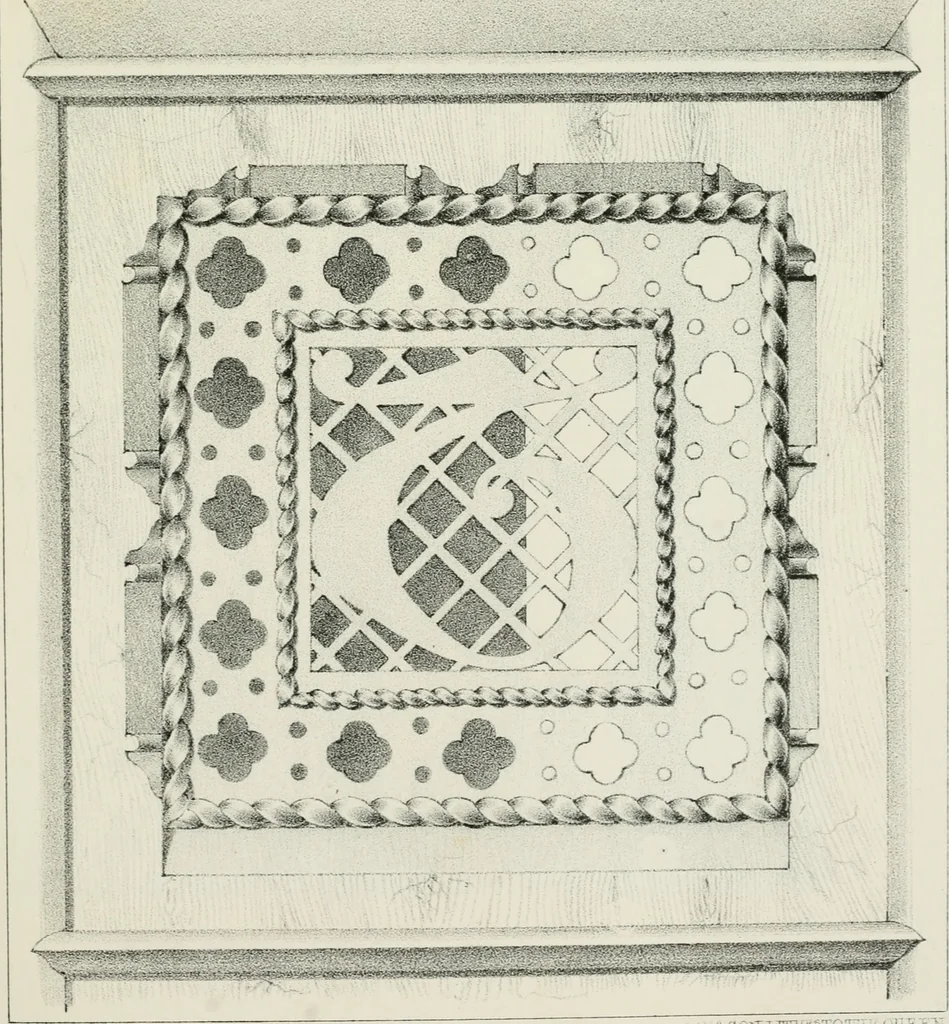 An illustration from Designs for Gothic ornaments & furniture, after the ancient manner, for ecclesiastical and domestic purposes, for the use of architects, and workers in metal, stone, wood, etc., etc, 1854, leaf 88