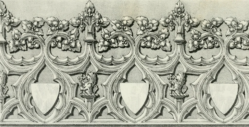 An illustration from Designs for Gothic ornaments & furniture, after the ancient manner, for ecclesiastical and domestic purposes, for the use of architects, and workers in metal, stone, wood, etc., etc, 1854, leaf 90