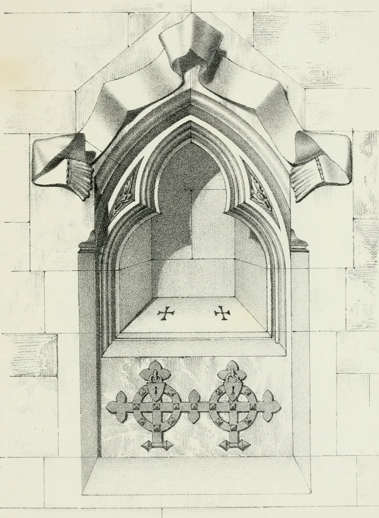 An illustration from Designs for Gothic ornaments & furniture, after the ancient manner, for ecclesiastical and domestic purposes, for the use of architects, and workers in metal, stone, wood, etc., etc, 1854, leaf 94
