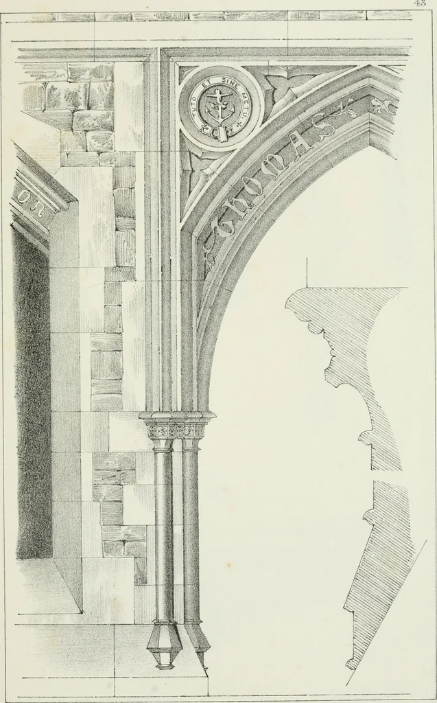 An illustration from Designs for Gothic ornaments & furniture, after the ancient manner, for ecclesiastical and domestic purposes, for the use of architects, and workers in metal, stone, wood, etc., etc, 1854, leaf 98