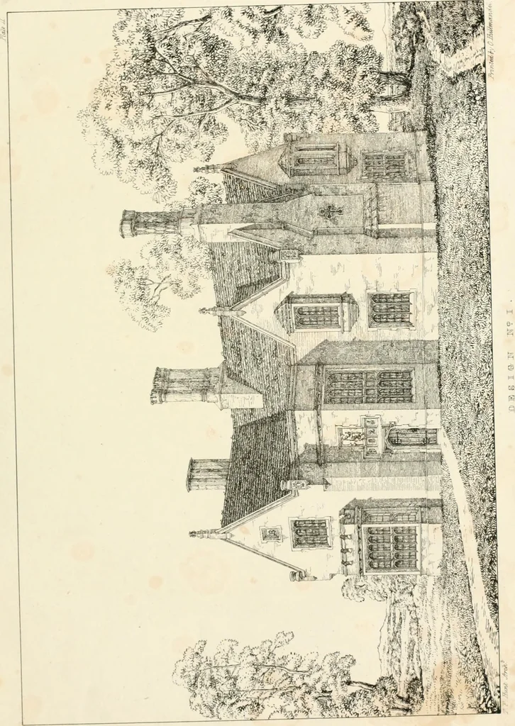 An illustration from Designs for parsonage houses, alms houses, etc. etc. with examples of gables, and other curious remains of old English architecture, 1827, leaf 17