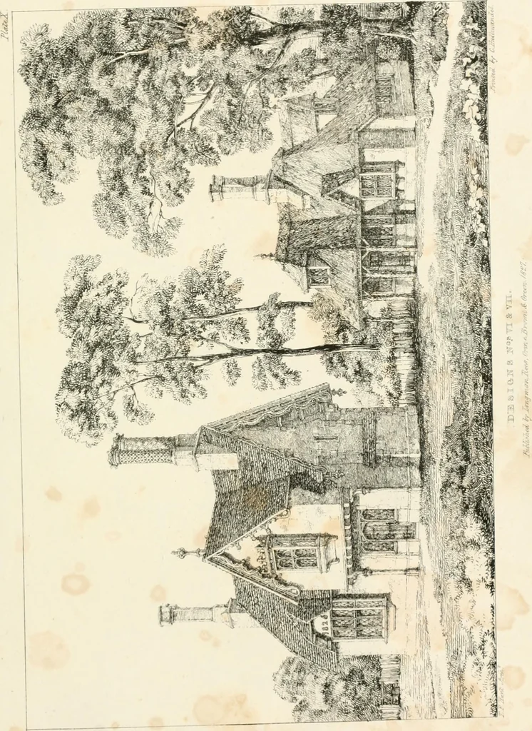 An illustration from Designs for parsonage houses, alms houses, etc. etc. with examples of gables, and other curious remains of old English architecture, 1827, leaf 45