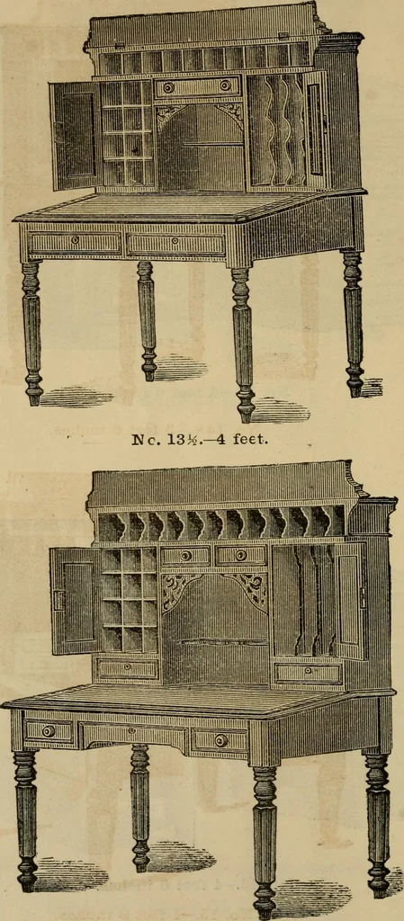 An illustration from Designs of writing desks, tables, bookcases, secretaries, etc., etc., 1873, leaf 11