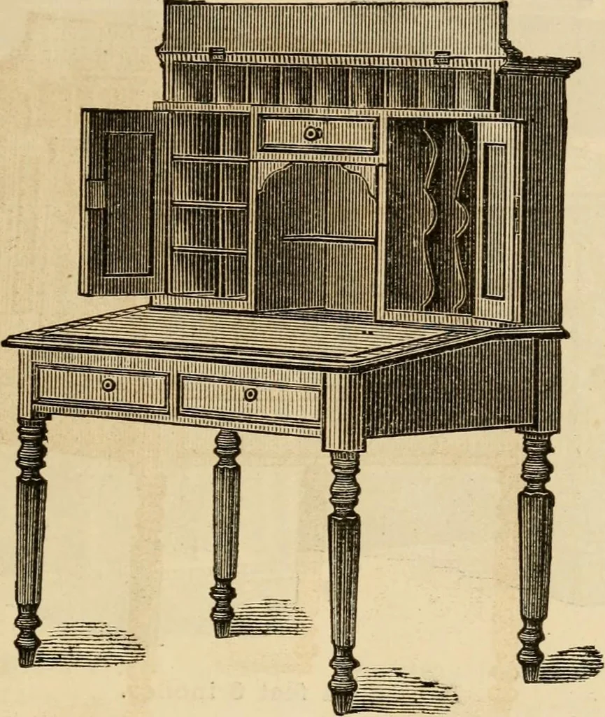An illustration from Designs of writing desks, tables, bookcases, secretaries, etc., etc., 1873, leaf 12