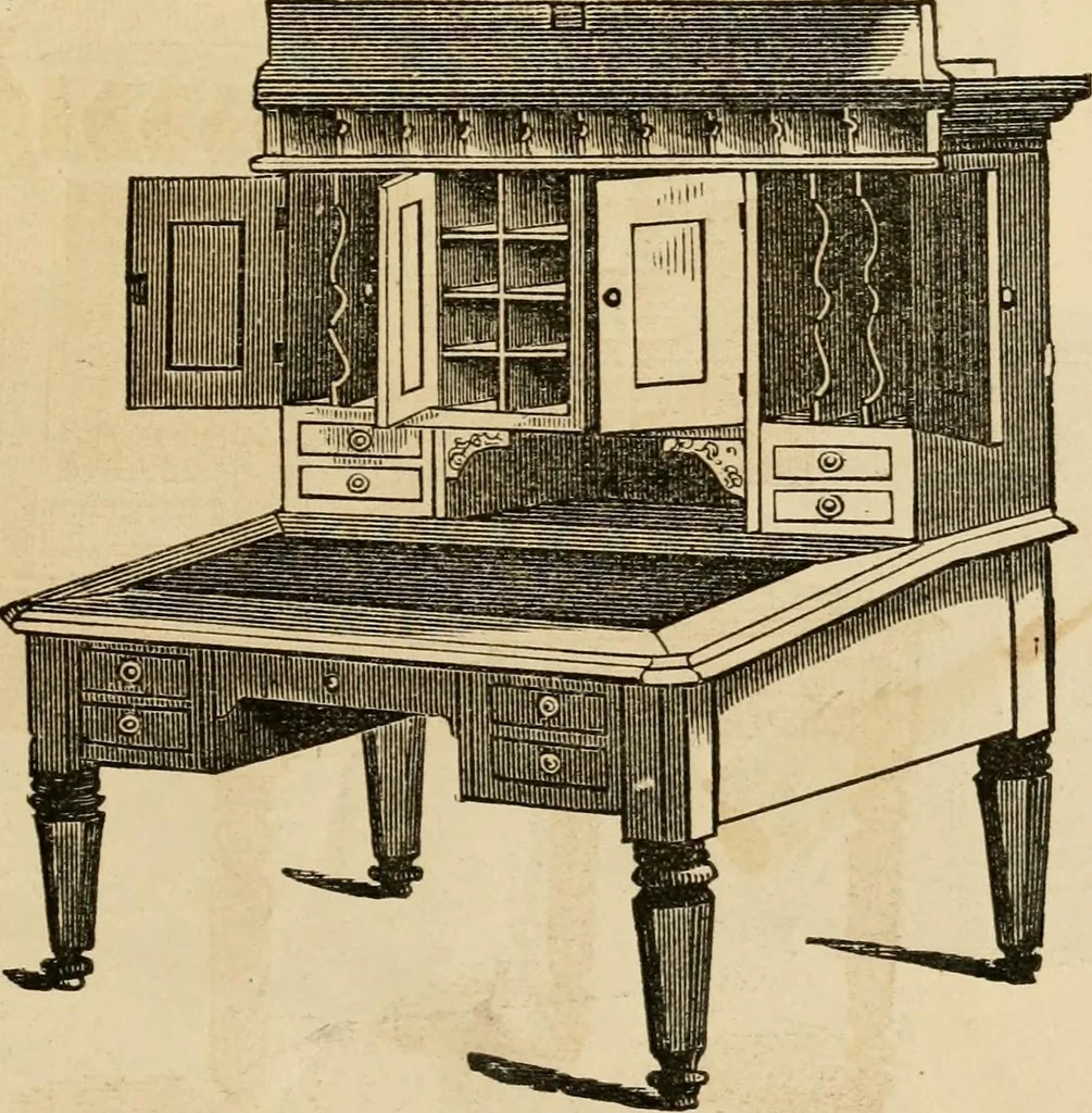 An illustration from Designs of writing desks, tables, bookcases, secretaries, etc., etc., 1873, leaf 12