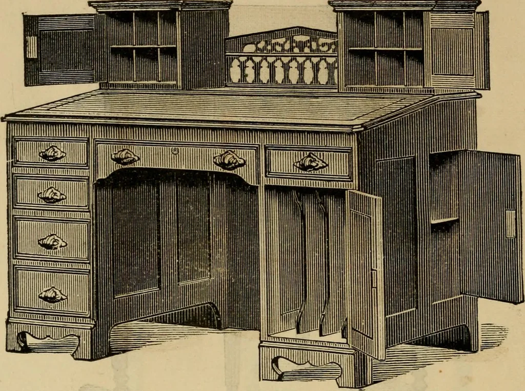 An illustration from Designs of writing desks, tables, bookcases, secretaries, etc., etc., 1873, leaf 13