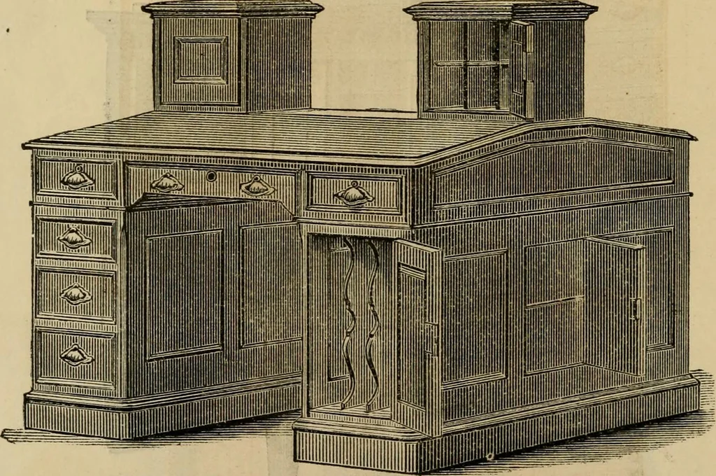 An illustration from Designs of writing desks, tables, bookcases, secretaries, etc., etc., 1873, leaf 13
