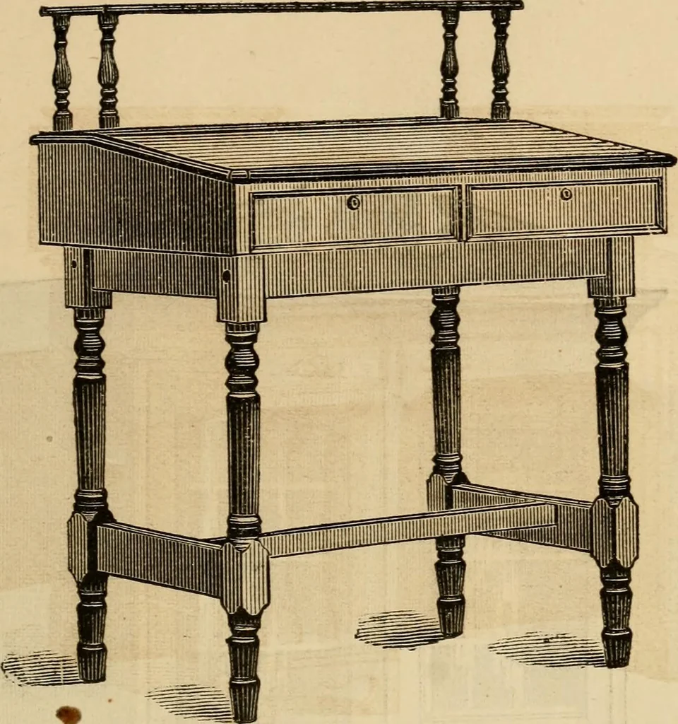 An illustration from Designs of writing desks, tables, bookcases, secretaries, etc., etc., 1873, leaf 14