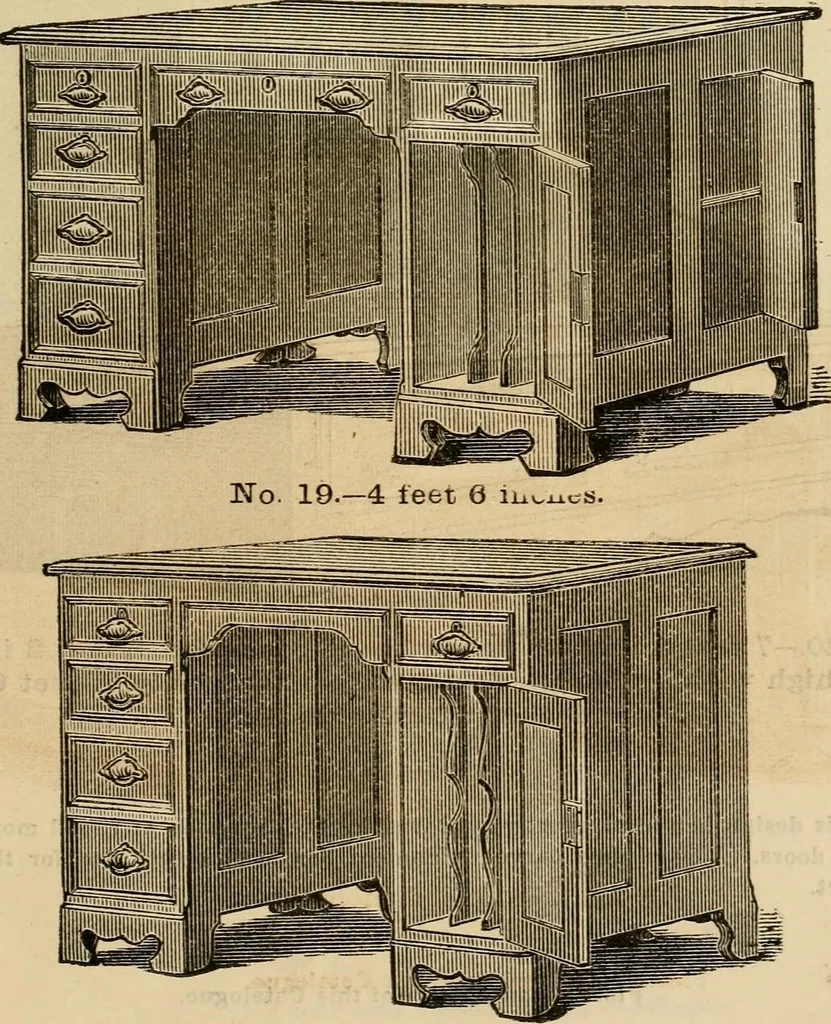 An illustration from Designs of writing desks, tables, bookcases, secretaries, etc., etc., 1873, leaf 14