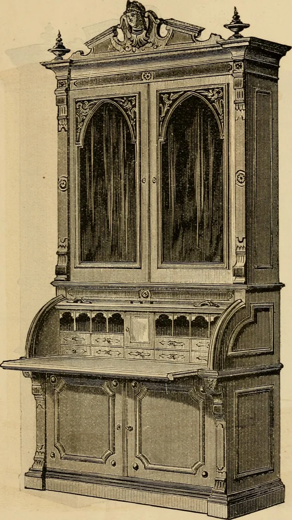 An illustration from Designs of writing desks, tables, bookcases, secretaries, etc., etc., 1873, leaf 18