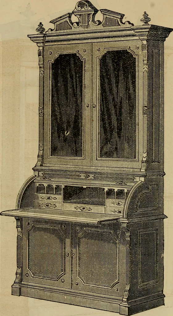 An illustration from Designs of writing desks, tables, bookcases, secretaries, etc., etc., 1873, leaf 19
