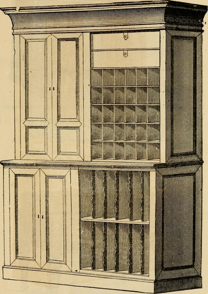 An illustration from Designs of writing desks, tables, bookcases, secretaries, etc., etc., 1873, leaf 20