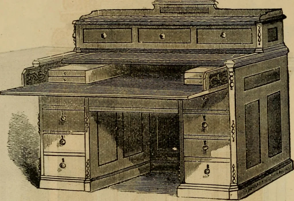 An illustration from Designs of writing desks, tables, bookcases, secretaries, etc., etc., 1873, leaf 21