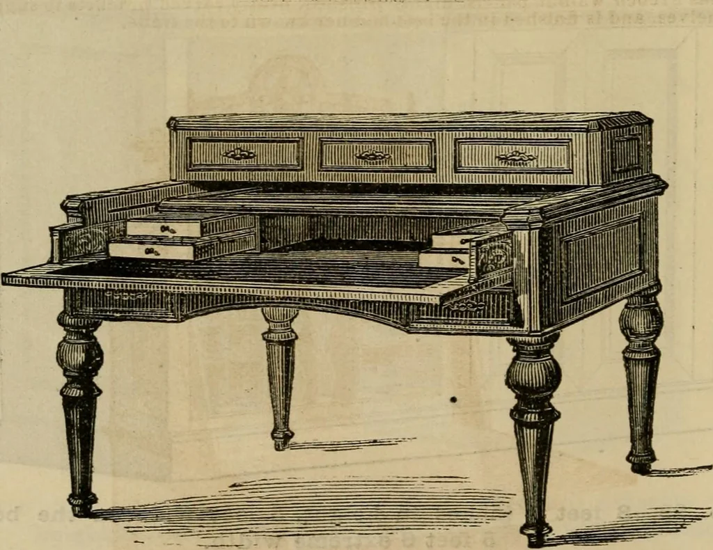 An illustration from Designs of writing desks, tables, bookcases, secretaries, etc., etc., 1873, leaf 21