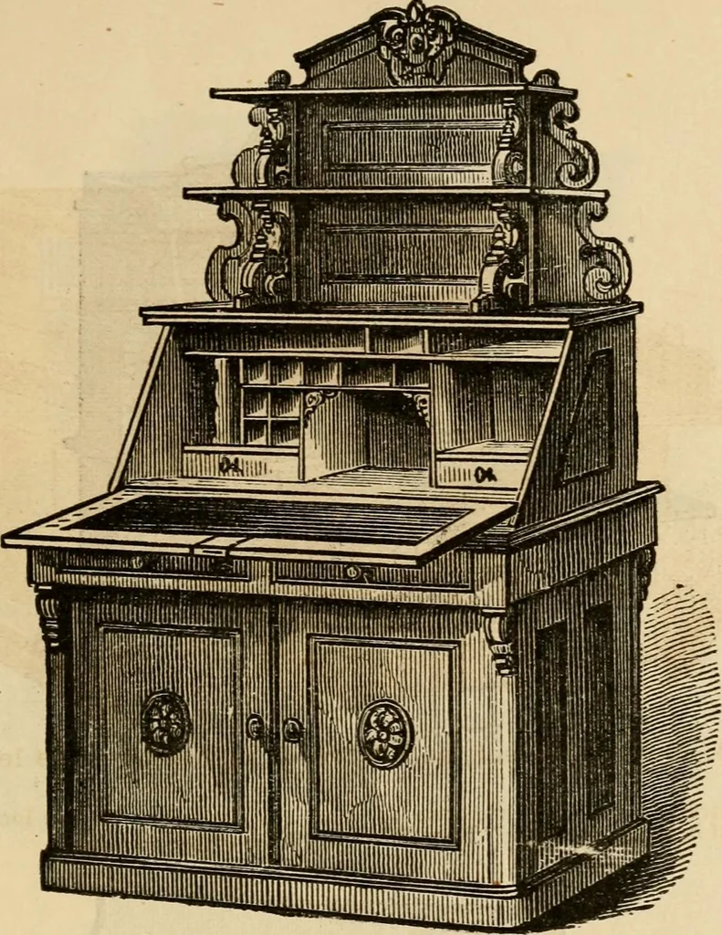 An illustration from Designs of writing desks, tables, bookcases, secretaries, etc., etc., 1873, leaf 22