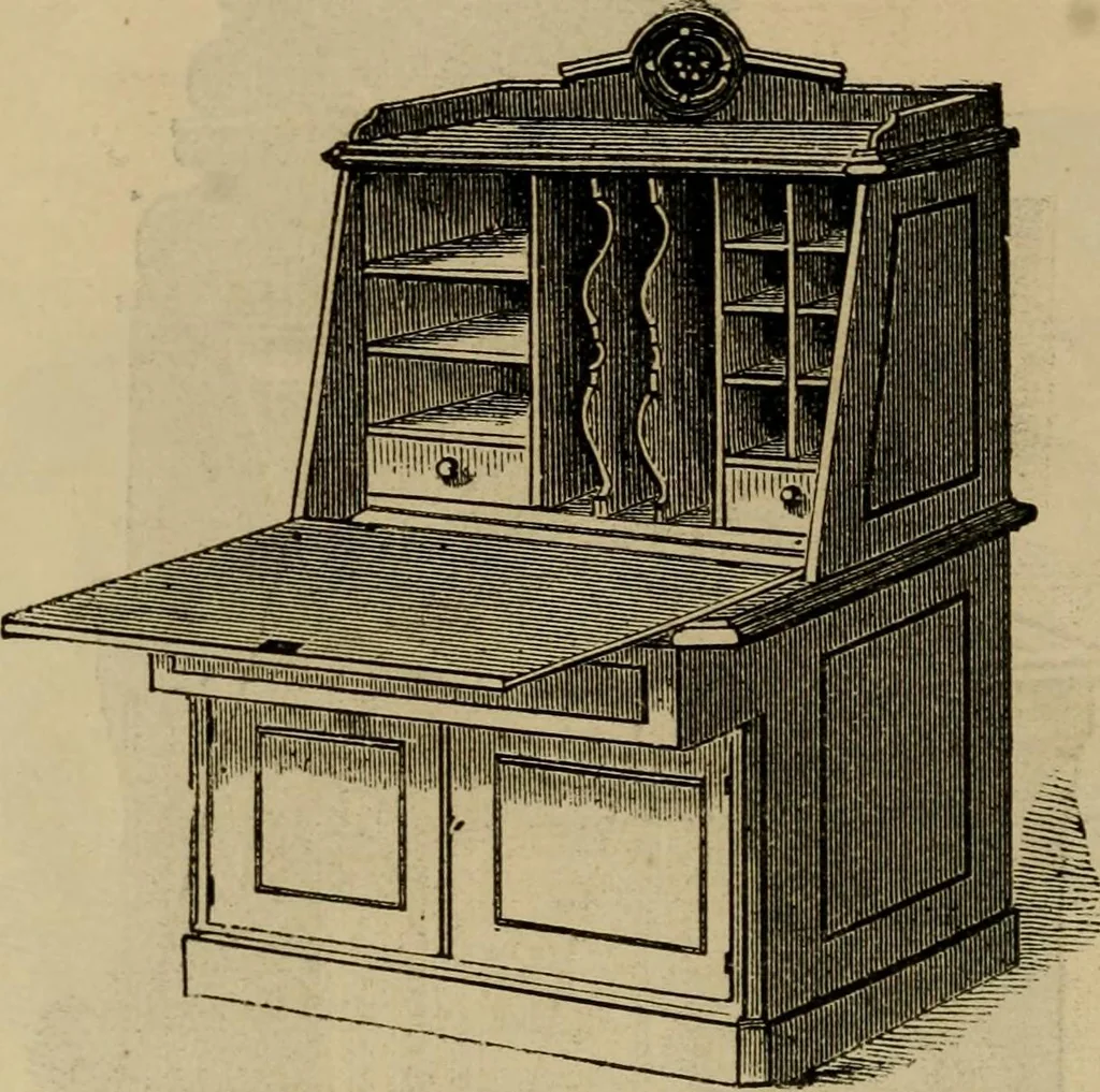 An illustration from Designs of writing desks, tables, bookcases, secretaries, etc., etc., 1873, leaf 23
