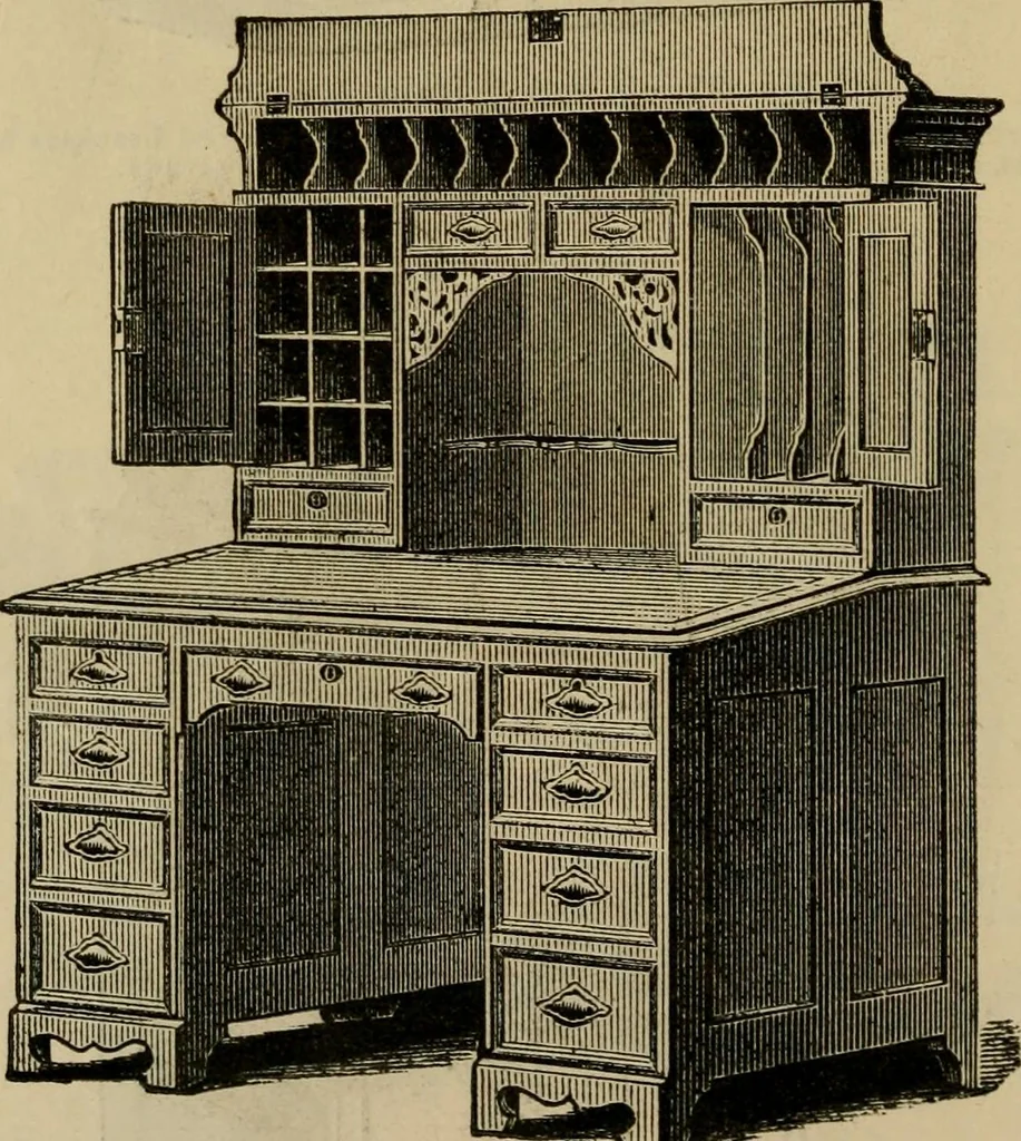 An illustration from Designs of writing desks, tables, bookcases, secretaries, etc., etc., 1873, leaf 23