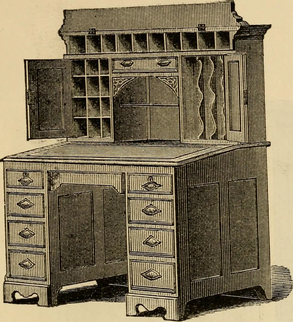 An illustration from Designs of writing desks, tables, bookcases, secretaries, etc., etc., 1873, leaf 24
