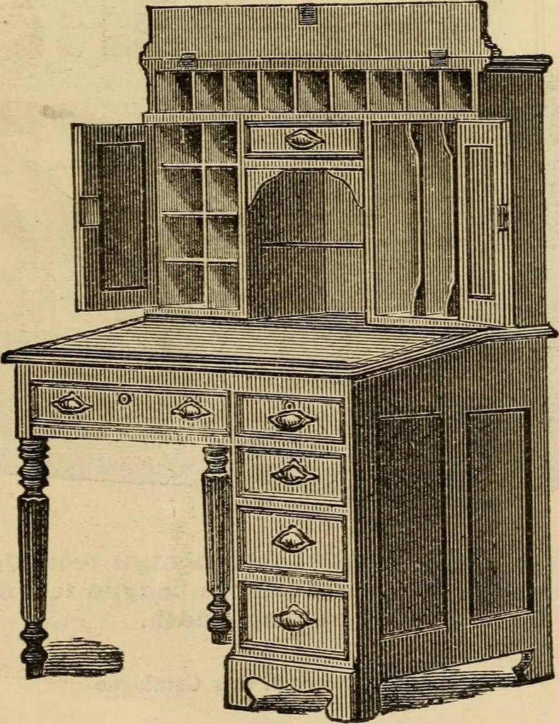 An illustration from Designs of writing desks, tables, bookcases, secretaries, etc., etc., 1873, leaf 24
