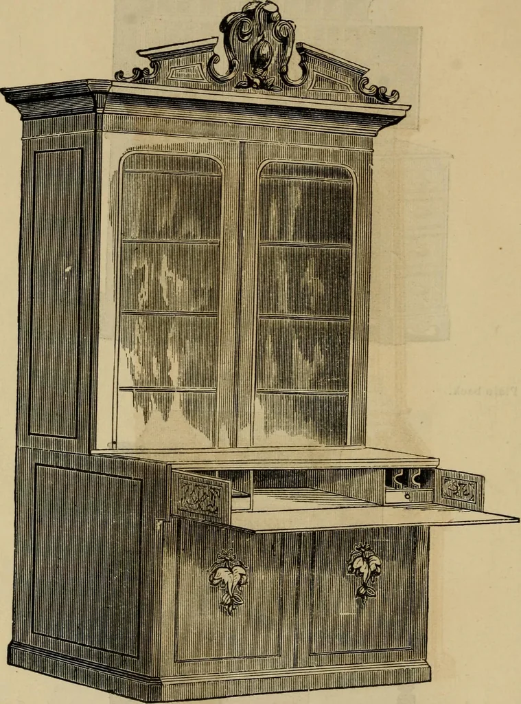 An illustration from Designs of writing desks, tables, bookcases, secretaries, etc., etc., 1873, leaf 25
