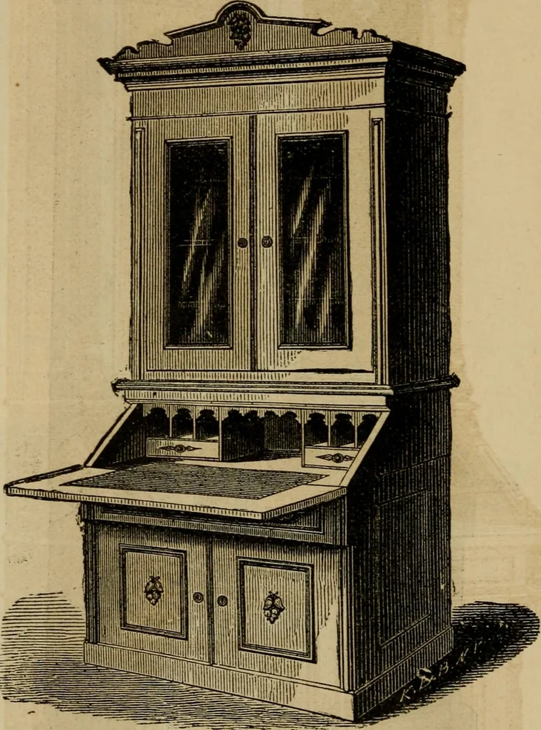 An illustration from Designs of writing desks, tables, bookcases, secretaries, etc., etc., 1873, leaf 27