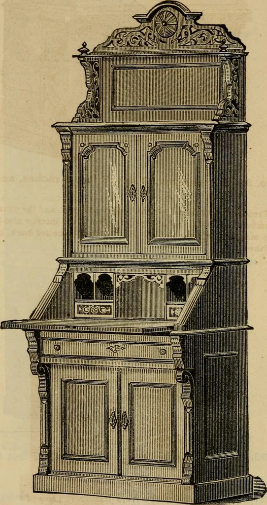 An illustration from Designs of writing desks, tables, bookcases, secretaries, etc., etc., 1873, leaf 31