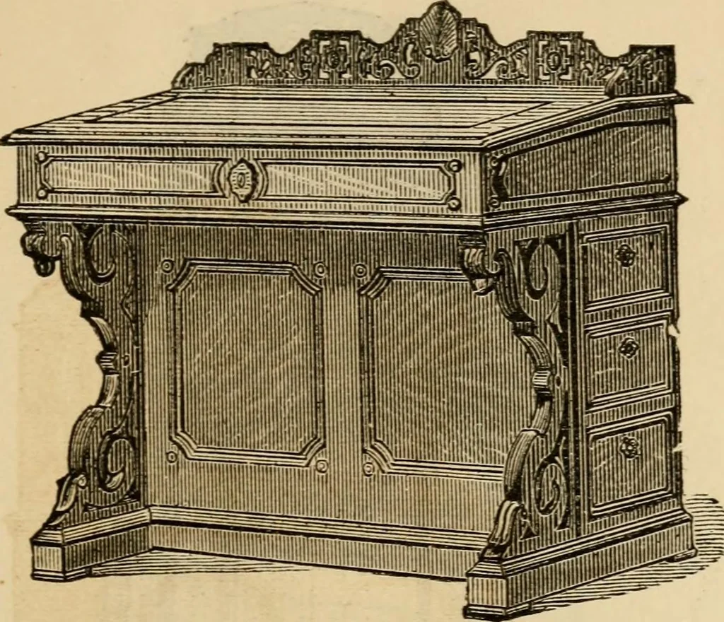 An illustration from Designs of writing desks, tables, bookcases, secretaries, etc., etc., 1873, leaf 32