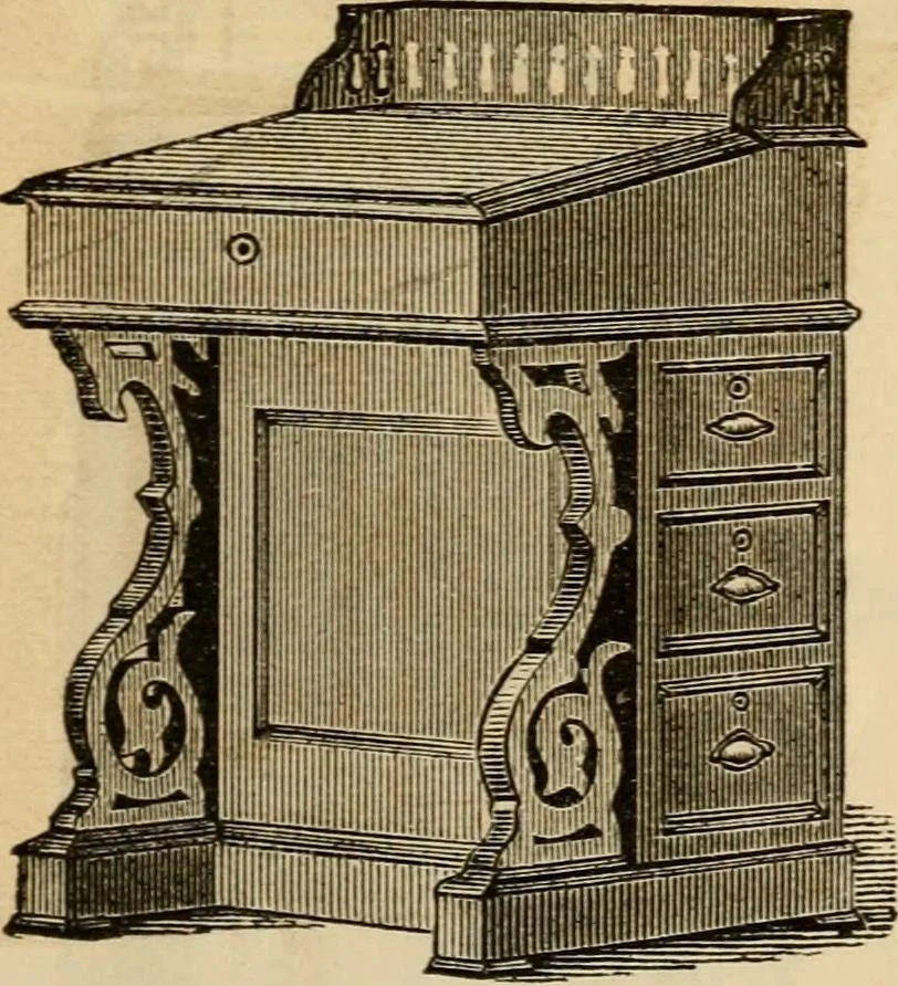 An illustration from Designs of writing desks, tables, bookcases, secretaries, etc., etc., 1873, leaf 32