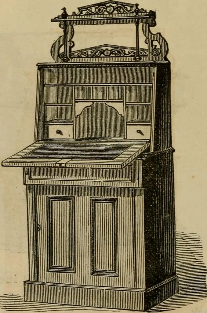 An illustration from Designs of writing desks, tables, bookcases, secretaries, etc., etc., 1873, leaf 33