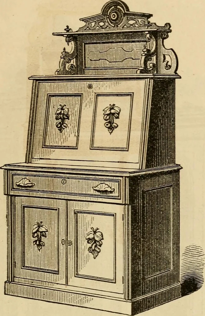 An illustration from Designs of writing desks, tables, bookcases, secretaries, etc., etc., 1873, leaf 34