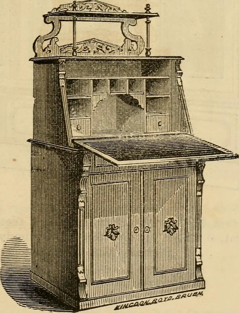 An illustration from Designs of writing desks, tables, bookcases, secretaries, etc., etc., 1873, leaf 34