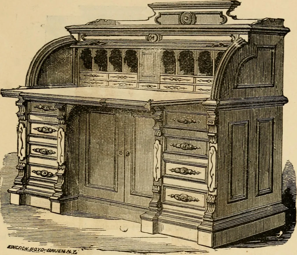 An illustration from Designs of writing desks, tables, bookcases, secretaries, etc., etc., 1873, leaf 38