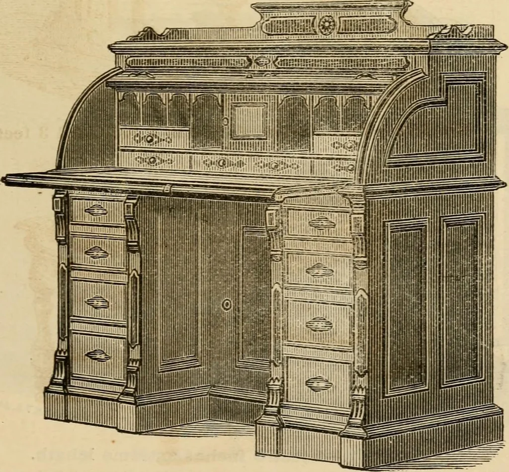 An illustration from Designs of writing desks, tables, bookcases, secretaries, etc., etc., 1873, leaf 38