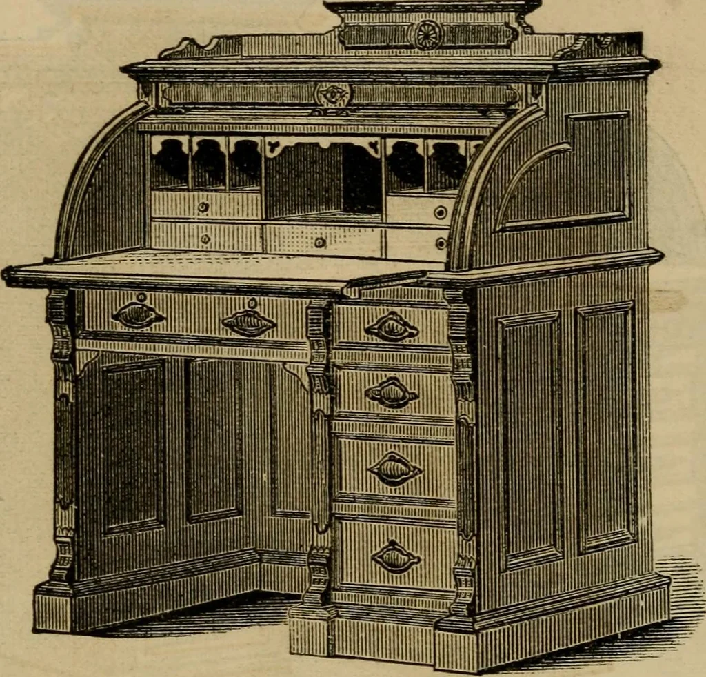 An illustration from Designs of writing desks, tables, bookcases, secretaries, etc., etc., 1873, leaf 39
