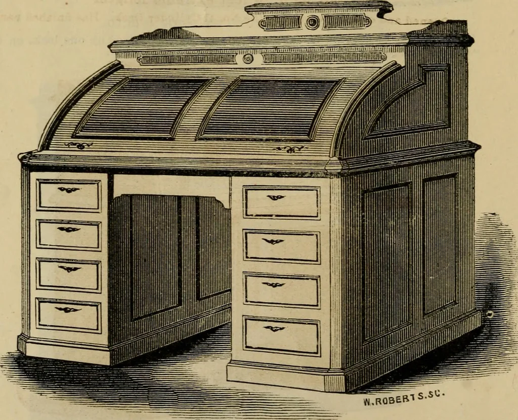 An illustration from Designs of writing desks, tables, bookcases, secretaries, etc., etc., 1873, leaf 39