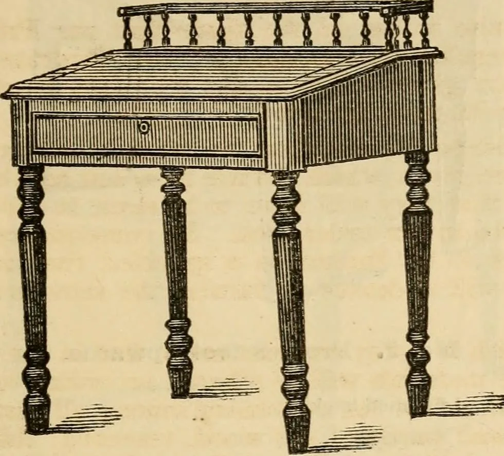 An illustration from Designs of writing desks, tables, bookcases, secretaries, etc., etc., 1873, leaf 4